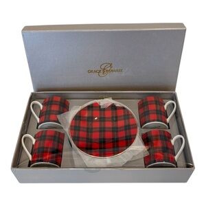 NEW Graces Teaware Bone China Buffalo Check Mini Mug 4 Piece Set